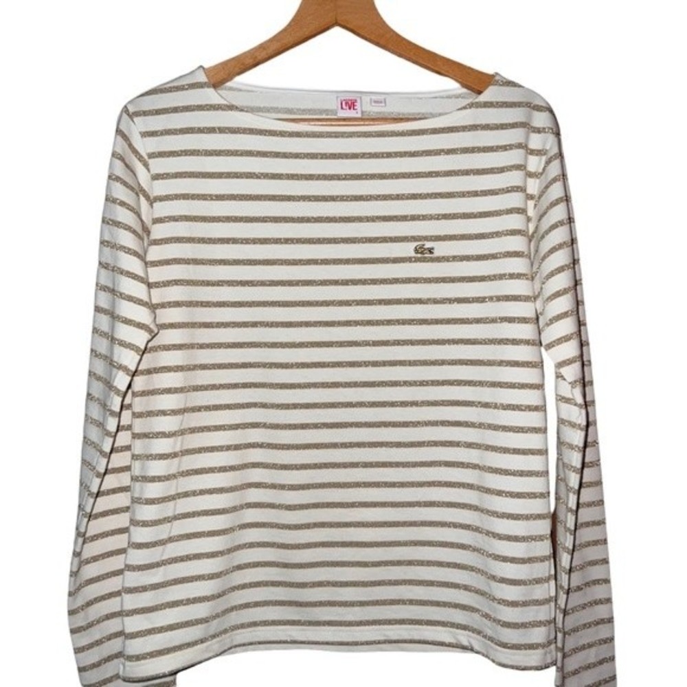 Lacoste Cream & gold preppy coastal striped long sleeve T-shirt top Size Sm
